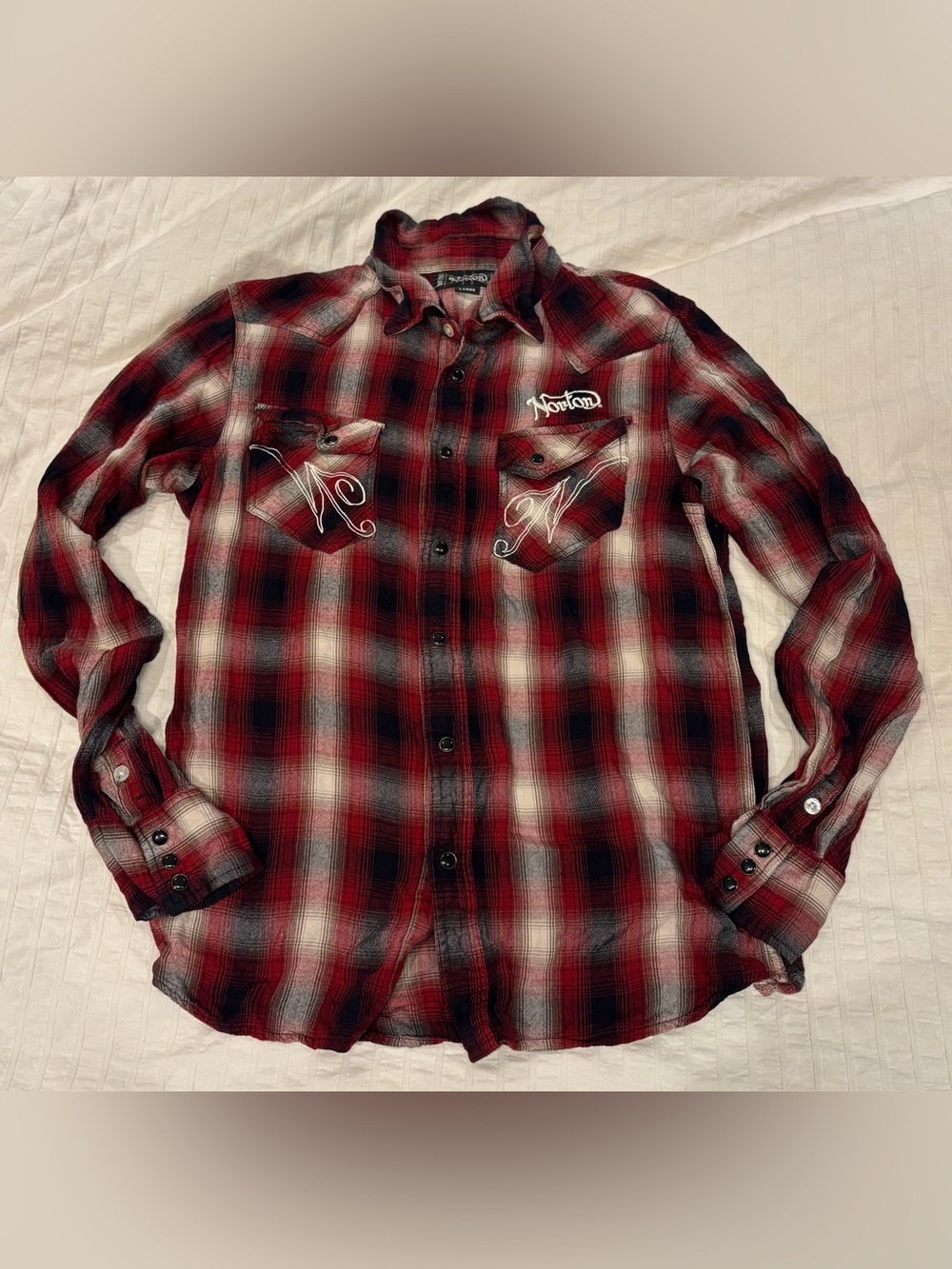 Vintage Norton Motorcycle Plaid Flannel Shirt Embroidered Rockers Unisex